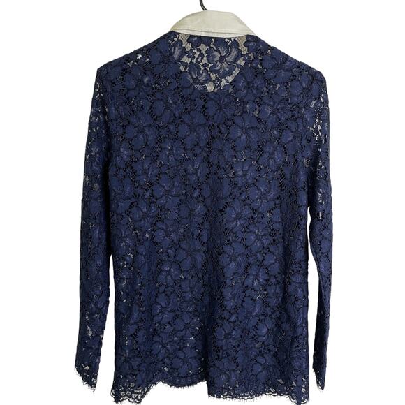 Sandro Paris Top Womens 3 Blue Lace Floral Long Sleeve Button Up Collared Sheer - Picture 1 of 10